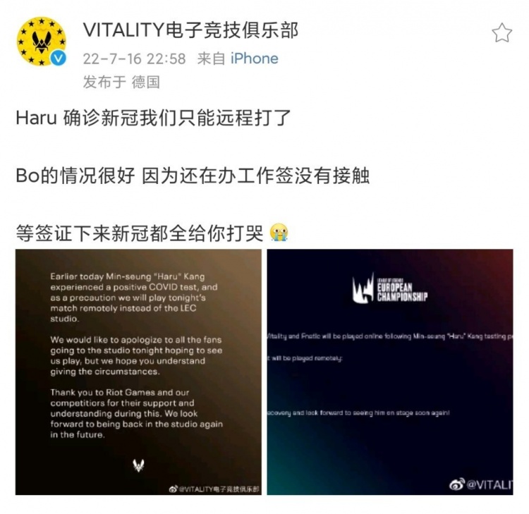 VIT宣布打野Haru确诊新冠:BO还在办签证 情况很好