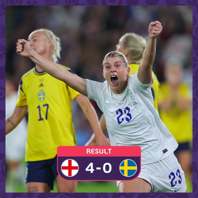 女足欧洲杯:英格兰4-0大胜瑞典进决赛,将与德国vs法国胜者争冠