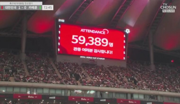 主场氛围拉满,韩国vs喀麦隆共吸引近6万球迷来到现场