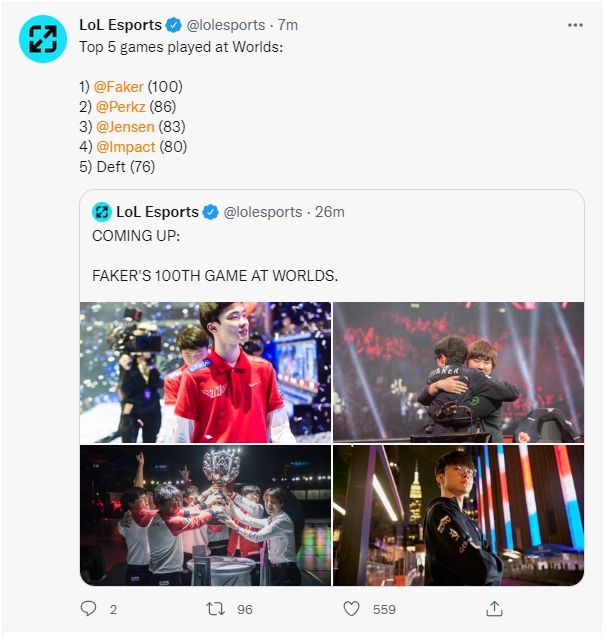 LOL官推:Faker!活着的传奇!Faker将参加他的第100场S赛