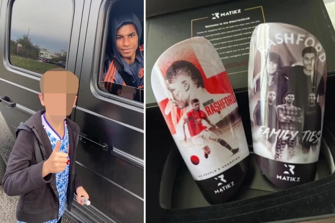 继桑乔之后,曼联死忠小球迷又向拉什福德赠送特制护腿板