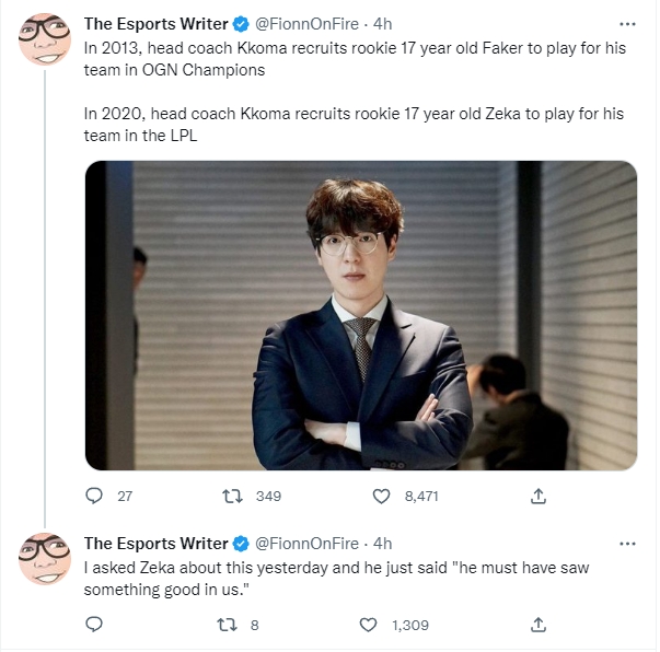Zeka谈Kkoma教练:一定在我和Faker身上看到了一些发光的地方