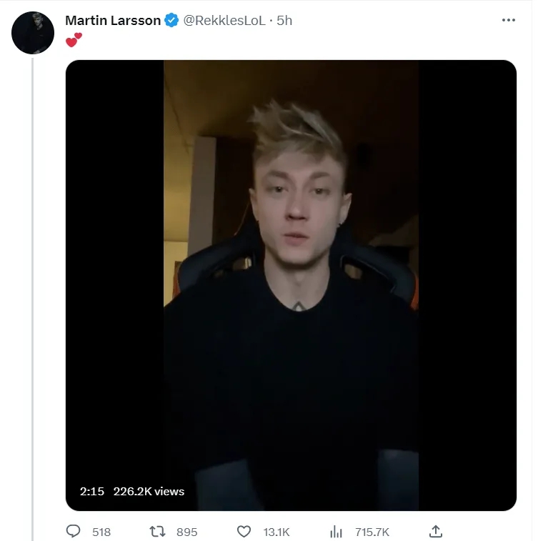 Rekkles向粉丝道歉:我觉得自己更多地导致了队伍的失败
