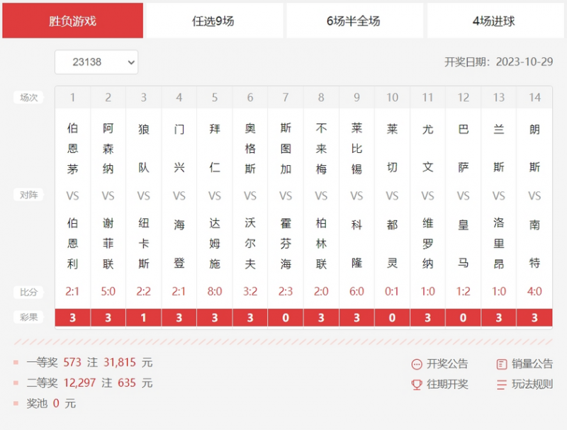 开奖啦！足彩头奖开573注31815元