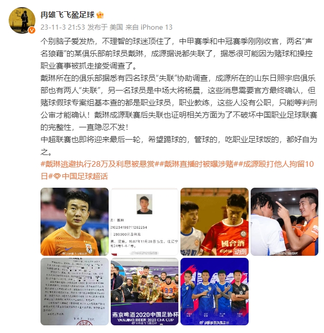 冉雄飞:戴琳和成源很可能因为赌球和操控职业赛事被抓走接受调查了