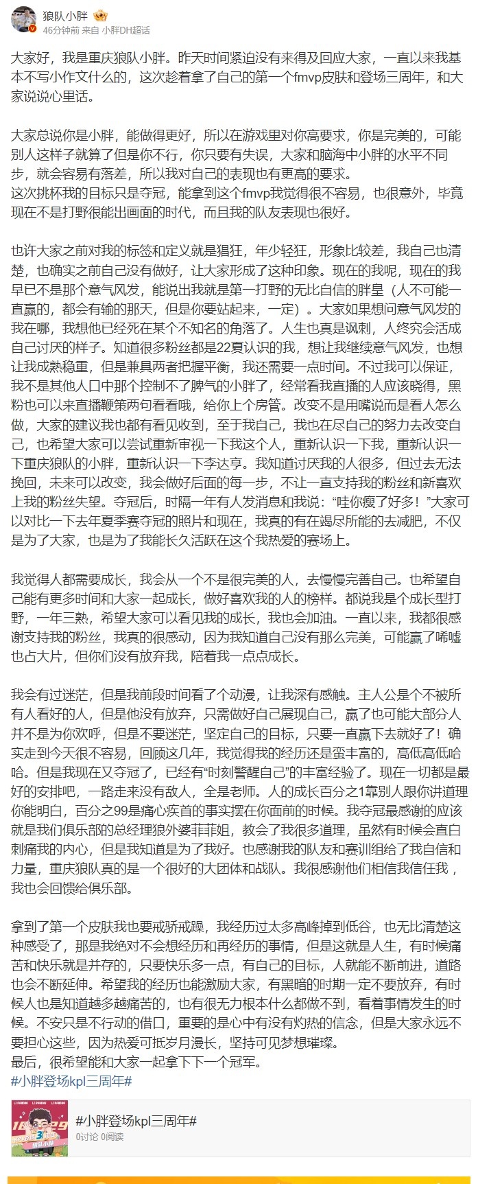 小胖:拿到第一个皮肤后要戒骄戒躁 我经历过太多高峰掉到低谷