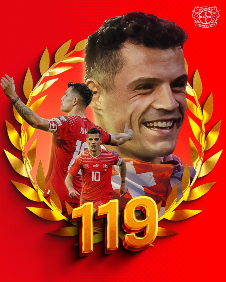 119次出场!勒沃库森祝贺扎卡打破瑞士国家队出场纪录