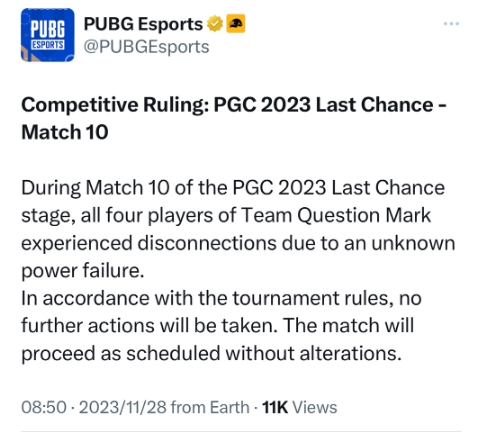 PUBG官方声明:QM掉线事件不会采取进一步行动 比赛按照计划进行
