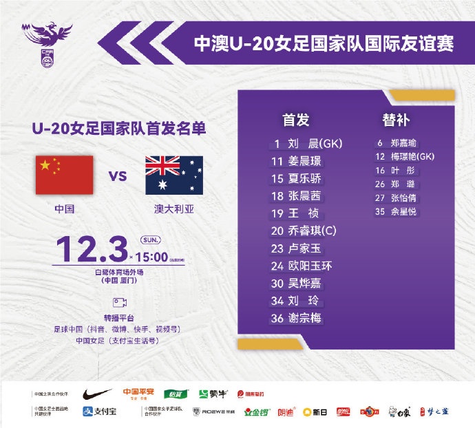 中国U-20女足vs澳大利亚U-20女足首发公布！欧阳玉环先发