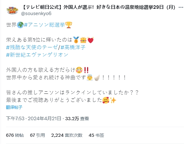 日本电视台票选动漫歌曲排行:除日本外大家最爱《残酷天使的行动纲领》
