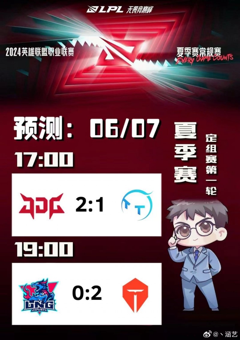 涵艺预测明日比赛:JDG战胜TT TES将横扫LNG