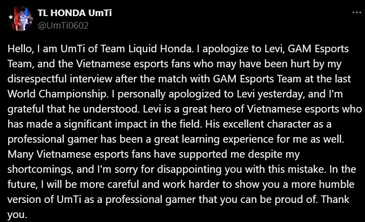 UmTi:就采访中的不尊重言论向Levi、GAM、越南电竞粉丝道歉