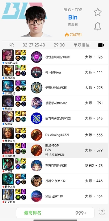 痛定思痛?Bin在不敌TES一日后开始进行韩服排位
