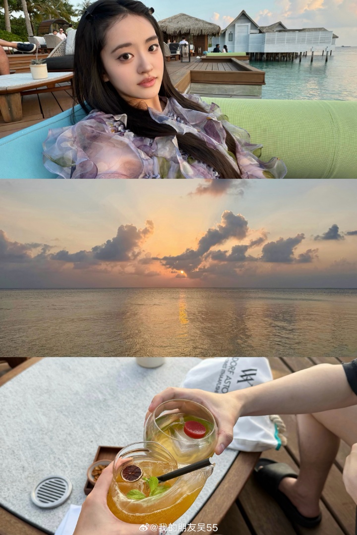 JackeyLove女友吴55分享马尔代夫旅游照:身旁碰杯的人疑似JKL