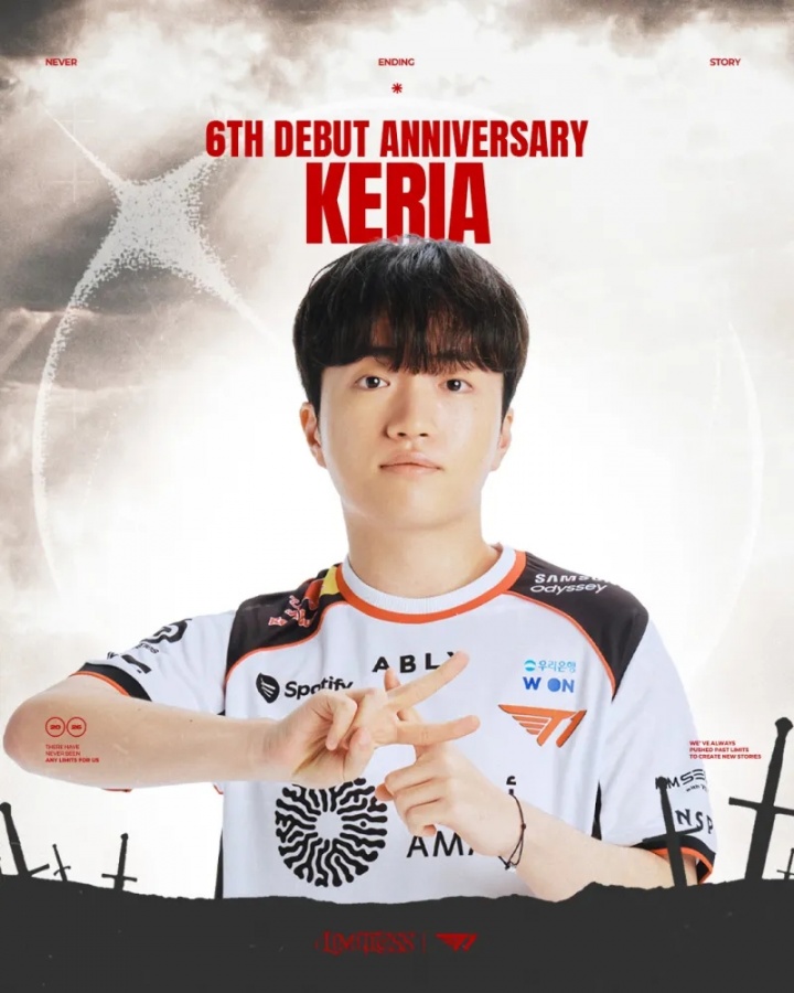 T1庆祝Keria出道六周年:祝我们的辅助Keria出道六周年快乐